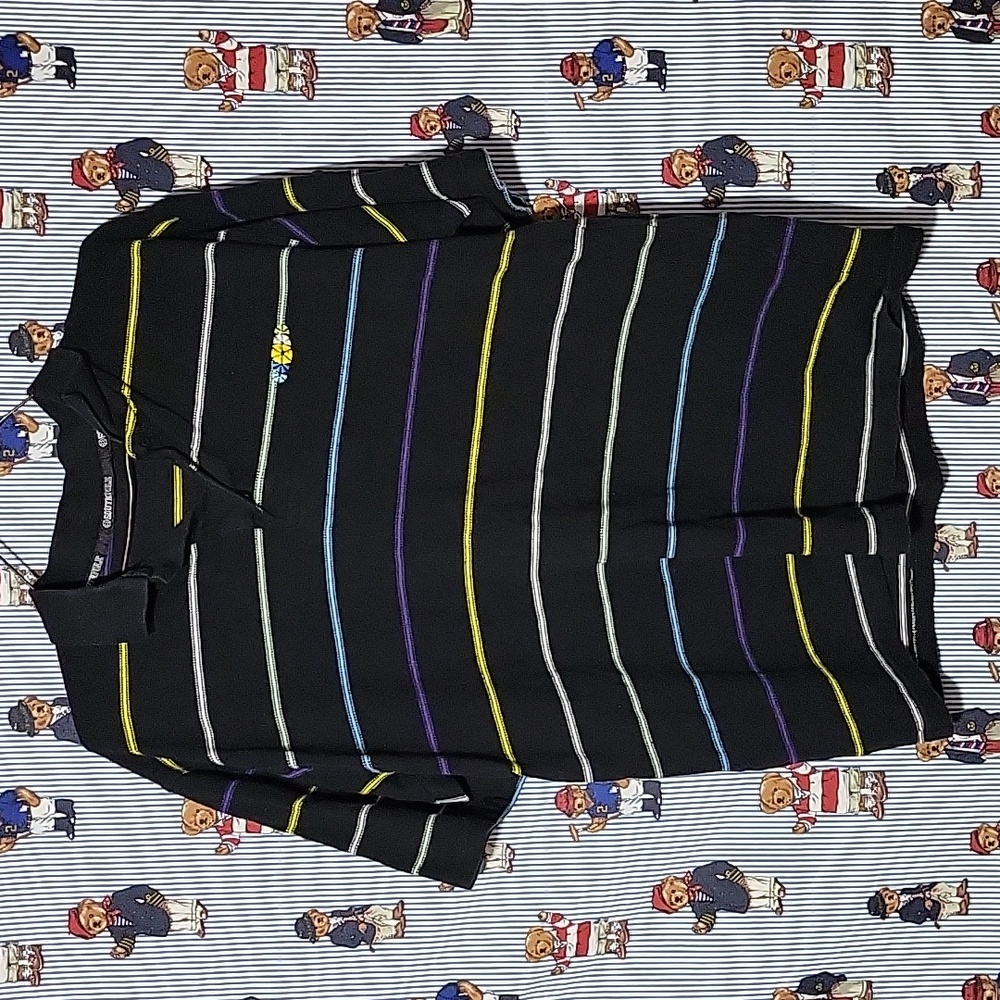 Vintage Southpole Black With Multi-color Stripes Polo Shirt Y2k Hip Hop